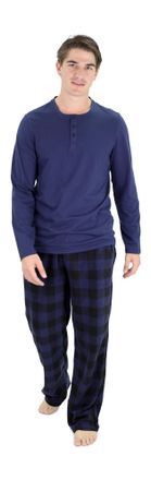 Cherokee Mens Pajama Set, Long Sleeve Cotton Top & Micro Fleece Pants, Breathable Cozy Loungewear, Blue Buffalo, S
