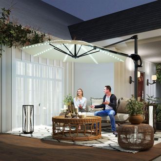 OUTSUNNY 3(m) Garden Parasol w/ Lights, Crank Handle & Cross Base, Cream