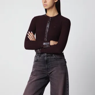 Courr&egrave;ges Cardigan a coste con dettagli in vinile borgogna