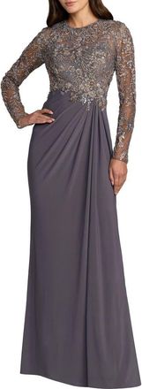Mac Duggal Long Sleeve Jersey Beaded Embroidered Gown in Charcoal at Nordstrom, Size 10
