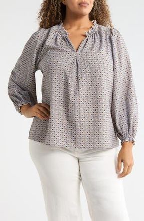 Max Studio Split Neck Long Sleeve Crepe Top in Ivory/Sky Sm Ifinite Tess at Nordstrom Rack, Size 2 X