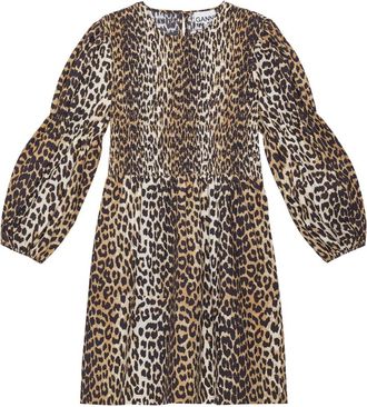 Ganni Abito corto in punto smock con stampa - Marrone