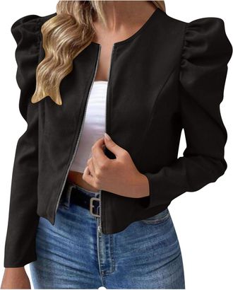 Generic Womens Coats Ladies Elegant Puff Sleeve Jackets Trendy Zip Up Long Sleeve Business Casual Outerwear Lightweight Solid Color Coats Work Office Cropped 