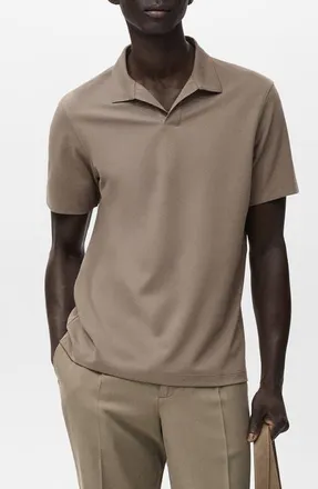 Mango Solid Johnny Collar Cotton Blend Piqu&eacute; Polo in Brown at Nordstrom, Size X-Small