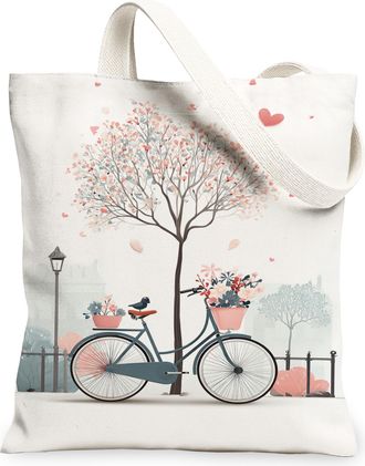 Generic Floral Bike Canvas Tote Bags, Romantic Tree Pattern Reusable Grocery Bags, Spring Lightweight Washable Shoulder Strap, White, 13x15 Inch