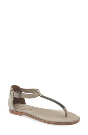 Brunello Cucinelli Monili T-Strap Suede Sandal in C5859 Ice at Nordstrom, Size 10.5Us