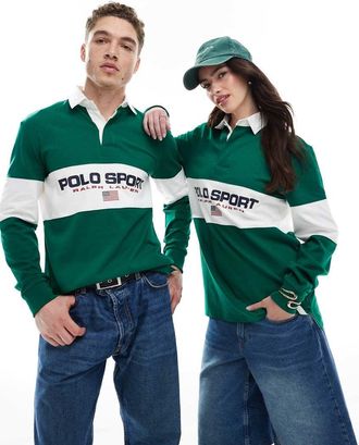 Polo Ralph Lauren Sport Capsule - Polo stile rugby unisex verde medio classica oversize con pannello del logo sul petto con bandiera
