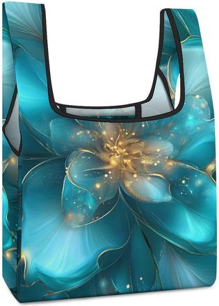 Generic Turquoise Flowers Abstract Shopping Bag Reusable Grocery Tote Bag Foldable Handbag for Travel Picnic