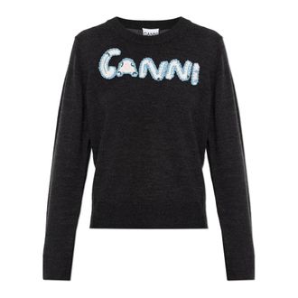 Ganni Logo Sweater - Dames - Ronde hals truien - Zwart - M - Katoen - Truien & Vesten