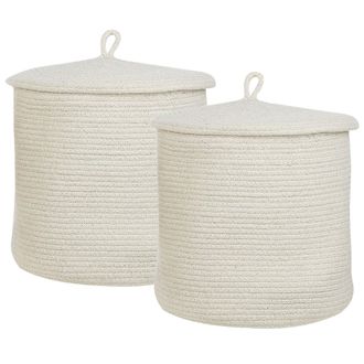 Beliani Beliani - Conjunto De 2 Cestas De Algod&oacute;n Blanco Crema 32 Cm A Rayas Tapa Accesorio Silopi