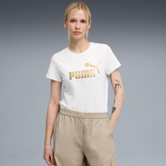 Puma T-Shirt PUMA ESS METALLIC NO. 1 LOGO TEE, Damen, Gr. XL, weiss (puma wei&szlig;, metallic gold), Jersey, Obermaterial: 100% Baumwolle, bedruckt, regular fit