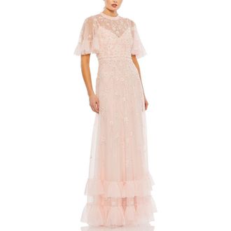Mac Duggal Floral Embellished Flutter Sleeve A Line Gown in Peach at Nordstrom, Size 12