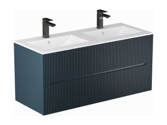 Vente-Unique Mueble de ba&ntilde;o suspendido estriado con lavabo encastrado y grifo - Azul - 120 cm - PAVANI