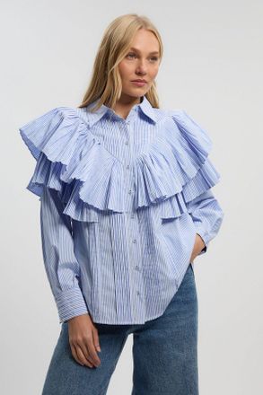 Karen Millen Womens Cotton Poplin Stripe Ruffle Detail Long Sleeve Woven Collared Shirt - Blue - Size 12 UK