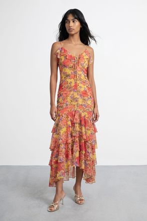 Warehouse Womens Floral Print Pintuck and Ruffle Midi Dress - Multicolour - Size 18 UK