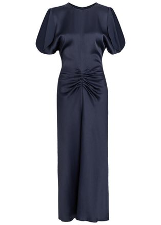 Victoria Beckham Bela Gathered Satin-crepe Midi Dress - Navy - 14 (UK14 / L)