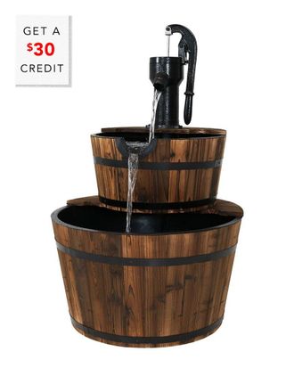 Sunnydaze Rustic 2-Tier Wood Barrel W/ Pump Outdoor Water Fountain Feature With $30 Credit