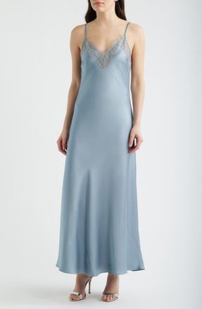 Lucy Paris Cassias Lace Detail Sleeveless Satin Gown in Ice Blue at Nordstrom, Size X-Large