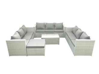 Fimous Rattan Garden Outdoor Furniture Set 10 Seater Garden Sofa Coffee Table Set with Big Footstool Light Grey Mixed