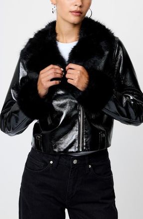 French Connection Camryn Faux Fur Detail Crinkled Moto Jacket in Black at Nordstrom, Size 10