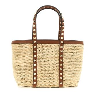 Valentino Garavani Tote Bags, female, Beige, Size: ONE SIZE Mini Rockstud Shopping Bag in Raffia