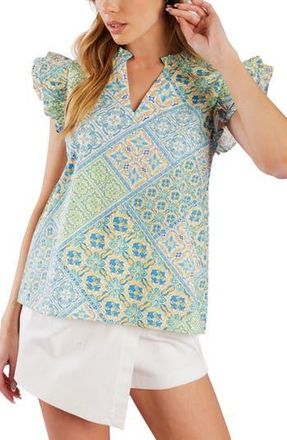 Flying Tomato Flutter Sleeve Woven Top in Ivory Blue at Nordstrom Rack, Size Medium
