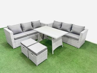 Fimous 8-seater Patio Rectangular Table 3 Seater Sofa Set with 2 Small Stools in Light Grey