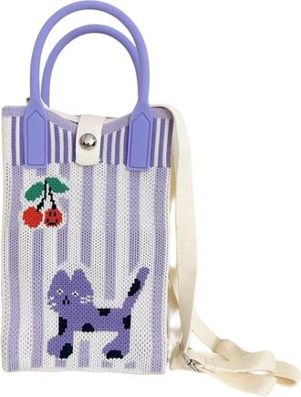 Generic Knitted Mobile Phone Crossbody Bag with Magnetic Buckle, Polyester Fiber Vertical Square Shoulder Bag, 12x18cm with 110cm Strap, Cartoon Design (purpl