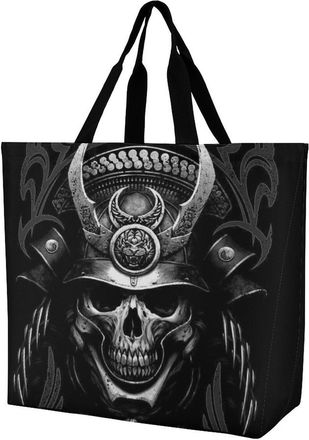 Generic Samurai Skull Reusable Grocery Bag Large Capacity Foldable Shopping Tote with Inner Pocket