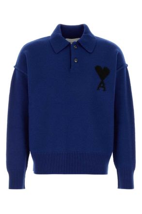 Ami Blue Solid Shirt Collar Sweater