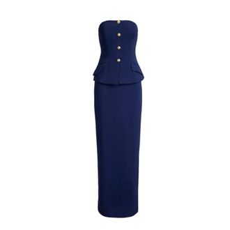 Ralph Lauren Jurk met Strapless Halslijn en Knopen van Stretch Cady - Dames - Avondkleed - Blauw - XS - Leer - Kleedjes