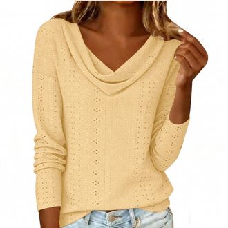 Generic Ladies Elegant Tops UK 2026 Fashion Long Sleeve Cowl Neck Shirts Spring Summer Sexy Hollow Out Eyelet Blouse Dressy Casual Solid Color Loose Fit T-Shi