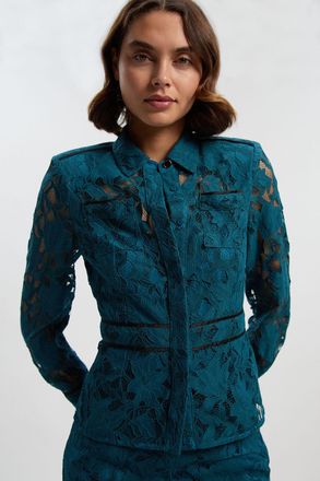 Karen Millen Womens Tipped Corded Lace Pocket Detail Woven Top - Teal Polyamide - Size 12 UK