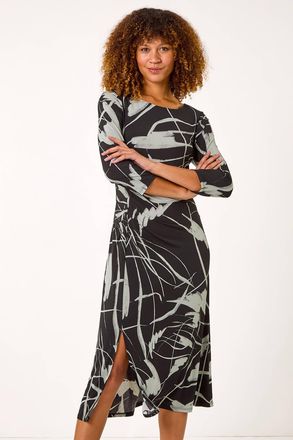 Roman Abstract Side Ruched Midi Dress