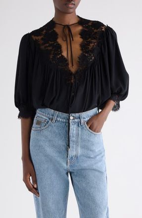 Chlo&eacute; Lace Trim Silk Top in Black at Nordstrom, Size 14 Us