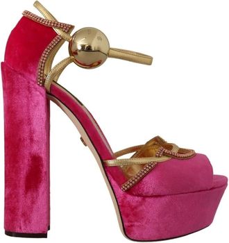 Dolce & Gabbana High Heel Sandals, female, Pink, Size: 9 1/2 US Crystal-Embellished Velvet and Golden Calfskin Sandals