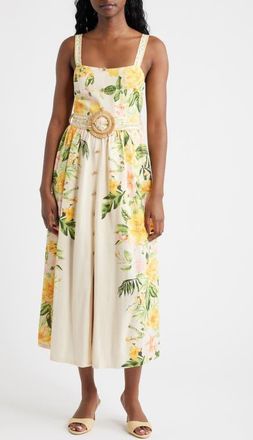 Moon River Floral Belted Midi Sundress in Cream Multi at Nordstrom, Size X-Large