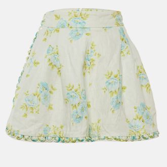 Zimmermann White Floral Print Linen Whitewave Pleated Shorts