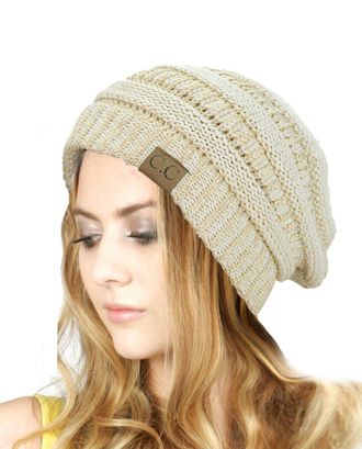 C.C Trendy Warm Chunky Soft Stretch Cable Knit Beanie Skully, Ivory/Met. Gold, One Size