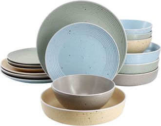 Elama Emilia 16 Piece Double Bowl Stoneware Dinnerware Set in Light Gray