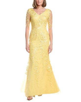 Rene Ruiz V-Neck Elbow Sleeves Trumpet Gown