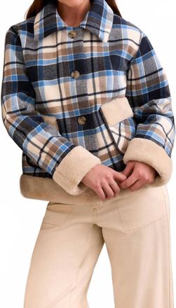 Tribal Plaid Jacket With Sherpa Trim And Lining In Sapphire