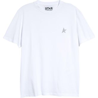 Golden Goose Womens Glitter Star Cotton Logo Tee in White/Silver at Nordstrom, Size Small