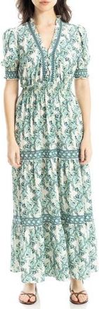 Max Studio Floral Short Sleeve Tiered Maxi Dress in Cream/Green at Nordstrom Rack, Size X-Large