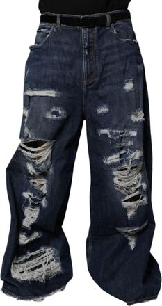 Dolce & Gabbana Dark Blue Tattered Wide Leg Men Denim Jeans Cotton Elastane Clothing