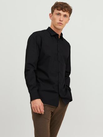 Jack & Jones Langarmhemd JACK & JONES JJJOE SHIRT LS PLAIN, Herren, Gr. M, N-Gr, schwarz, Web, Obermaterial: 65% Polyester, 35% Baumwolle, unifarben, slim fit norm