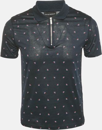 Emporio Armani Navy Blue Logo Print Cotton Zip -Up Polo T-Shirt