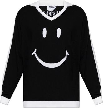 Moschino X Smiley Polo Sweater - Heren - V-hals truien - Zwart - S - Wol - Truien & Vesten