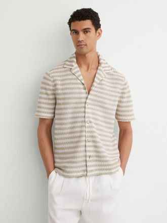 Reiss White & oatmeal Striped Crochet Cuban-collar Shirt, Xxl