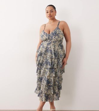 Pretty Lavish Curve Vestito con gonna al polpaccio e volant blu navy con stampa astratta